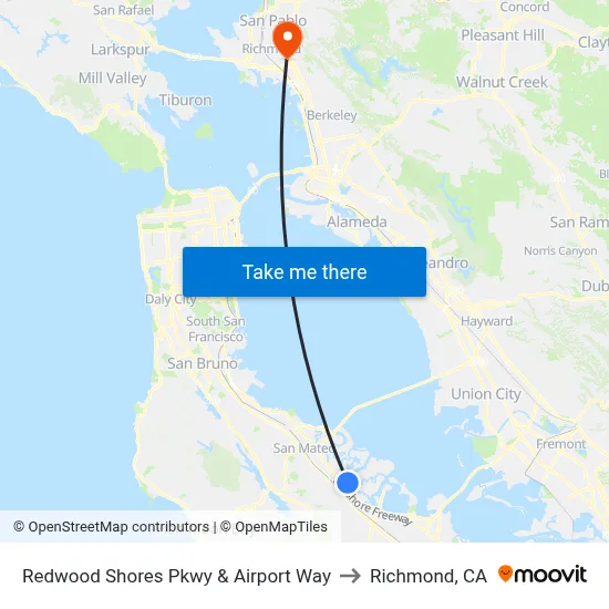 Redwood Shores Pkwy & Airport Way to Richmond, CA map