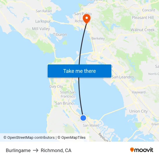 Burlingame to Richmond, CA map