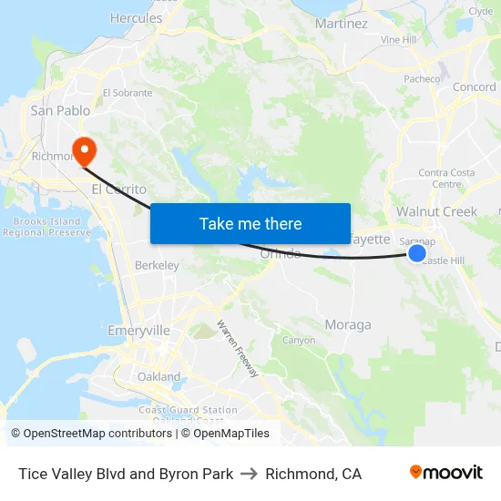 Tice Valley Blvd and Byron Park to Richmond, CA map