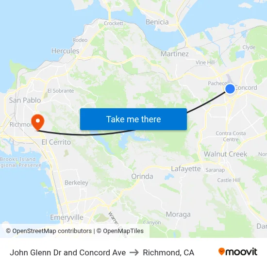 John Glenn Dr and Concord Ave to Richmond, CA map
