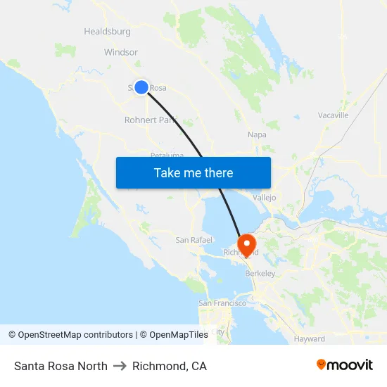 Santa Rosa North to Richmond, CA map