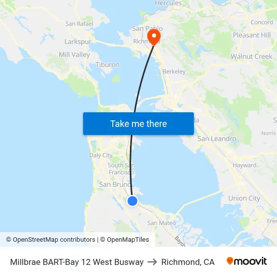 Millbrae BART-Bay 12 West Busway to Richmond, CA map