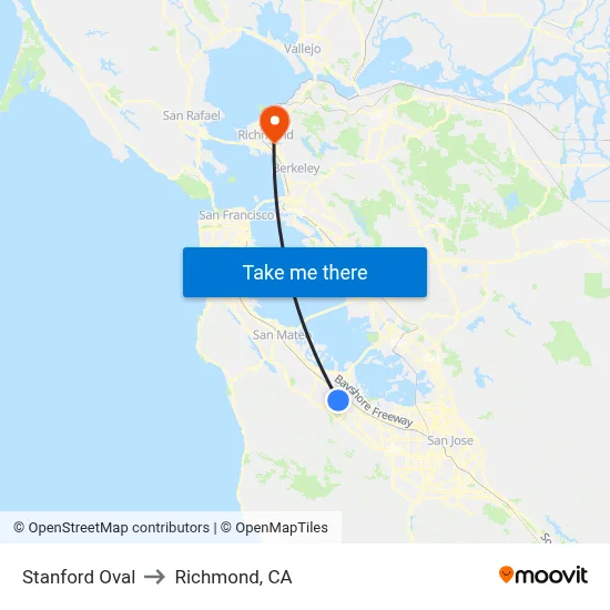 Stanford Oval to Richmond, CA map