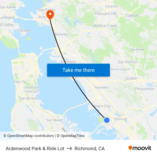 Ardenwood Park & Ride Lot to Richmond, CA map