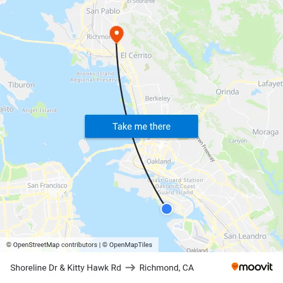 Shoreline Dr & Kitty Hawk Rd to Richmond, CA map