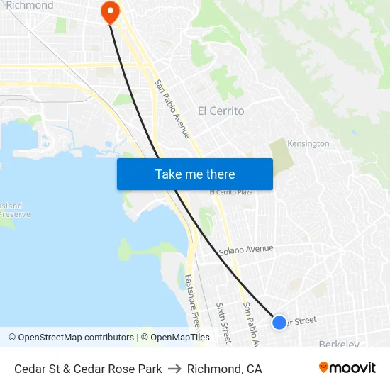 Cedar St & Cedar Rose Park to Richmond, CA map