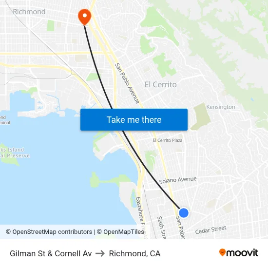 Gilman St & Cornell Av to Richmond, CA map