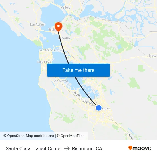Santa Clara Transit Center to Richmond, CA map