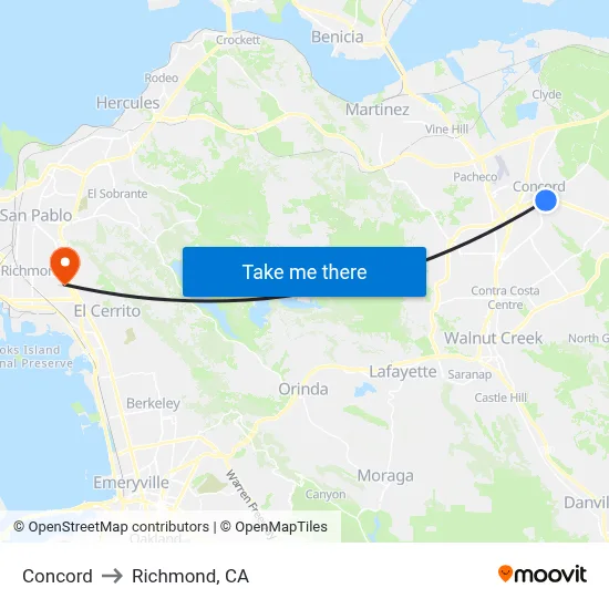 Concord to Richmond, CA map