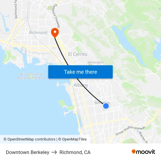 Downtown Berkeley to Richmond, CA map
