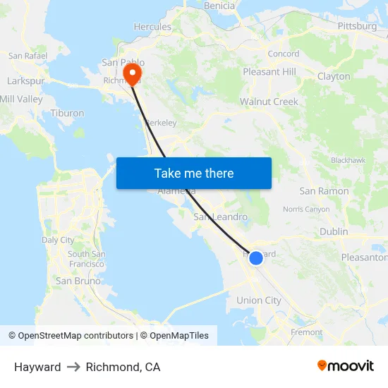 Hayward to Richmond, CA map