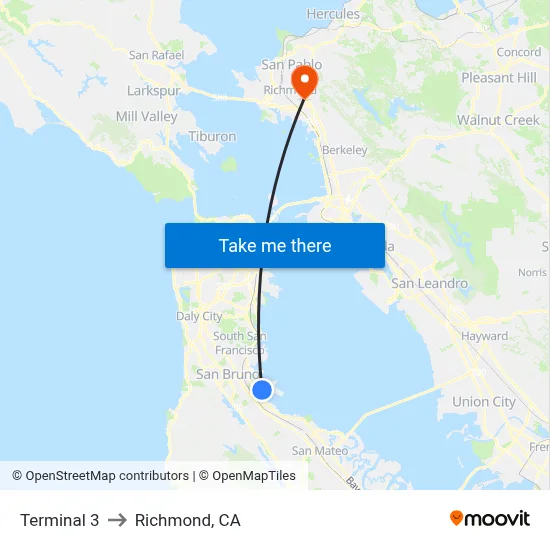 Terminal 3 to Richmond, CA map