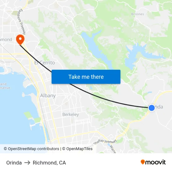 Orinda to Richmond, CA map