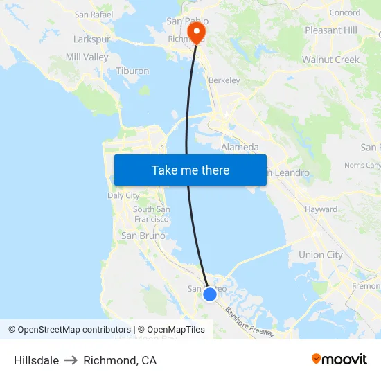 Hillsdale to Richmond, CA map
