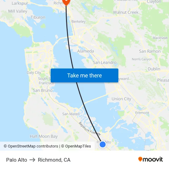 Palo Alto to Richmond, CA map