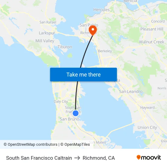 South San Francisco Caltrain to Richmond, CA map