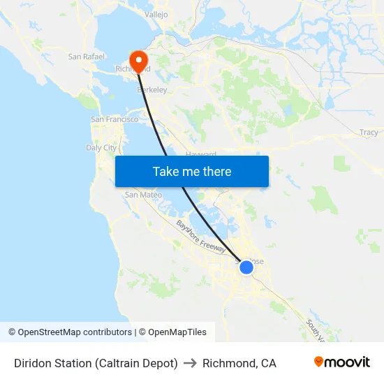 Diridon Station (Caltrain Depot) to Richmond, CA map