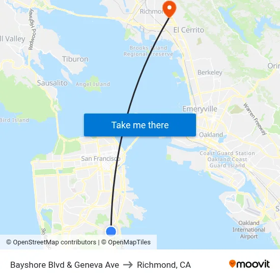 Bayshore Blvd & Geneva Ave to Richmond, CA map