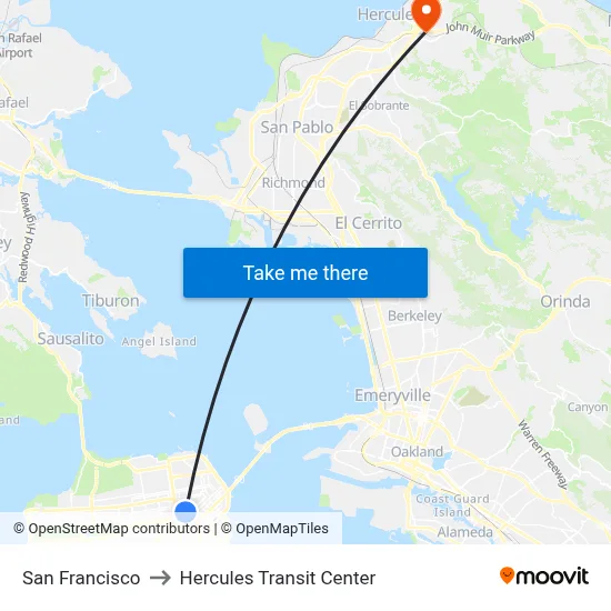 San Francisco to Hercules Transit Center map