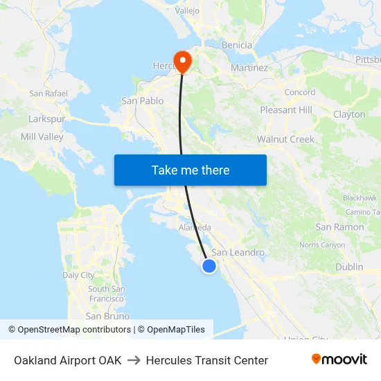 Oakland Airport OAK to Hercules Transit Center map