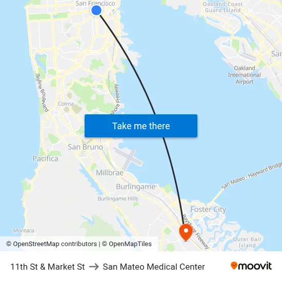 11th St & Market St to San Mateo Medical Center map