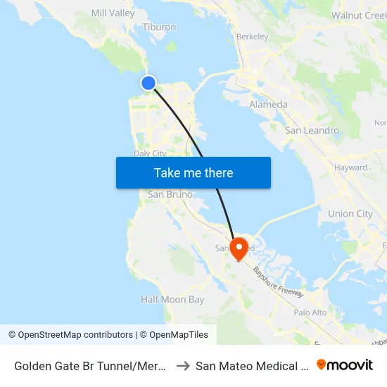 Golden Gate Br Tunnel/Merchant Rd to San Mateo Medical Center map