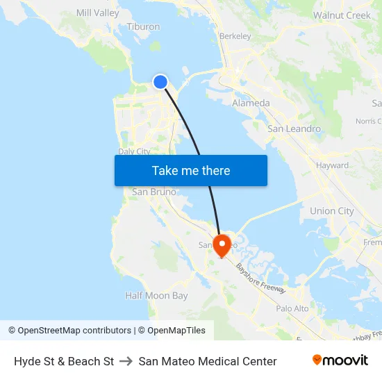 Hyde St & Beach St to San Mateo Medical Center map