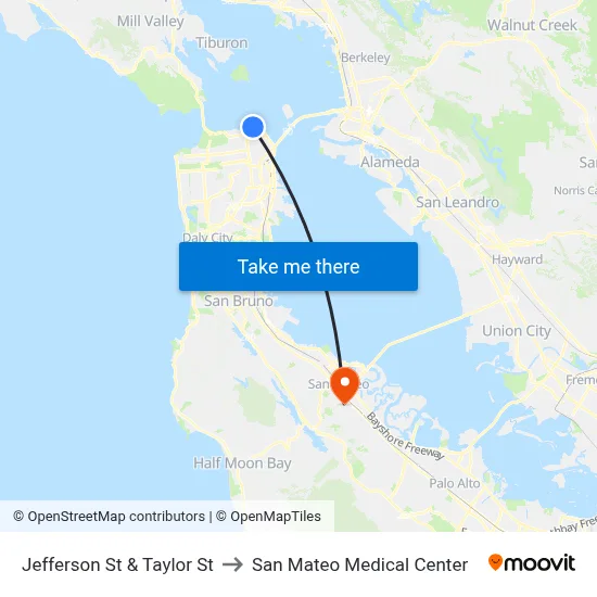 Jefferson St & Taylor St to San Mateo Medical Center map