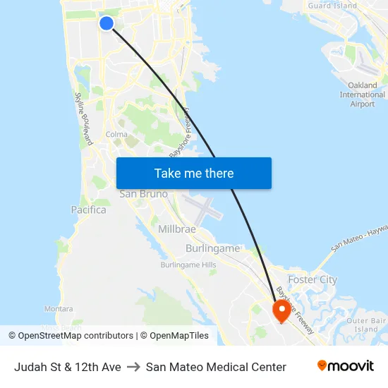 Judah St & 12th Ave to San Mateo Medical Center map