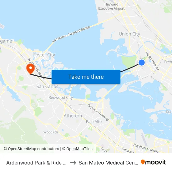 Ardenwood Park & Ride Lot to San Mateo Medical Center map