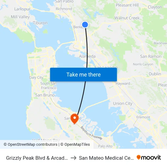 Grizzly Peak Blvd & Arcade Av to San Mateo Medical Center map
