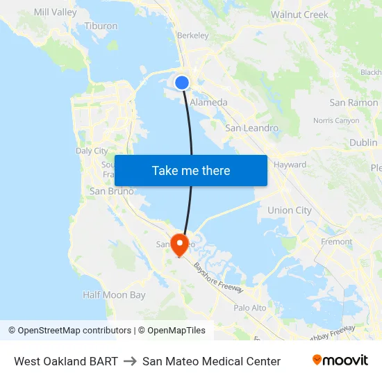 West Oakland BART to San Mateo Medical Center map