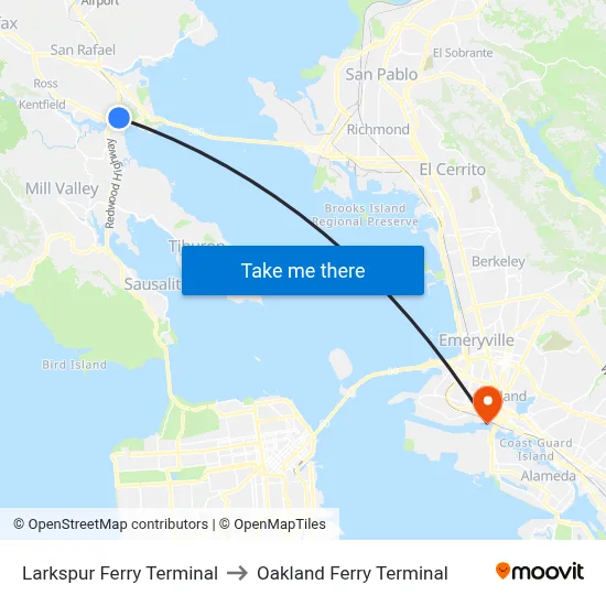Larkspur Ferry Terminal to Oakland Ferry Terminal map