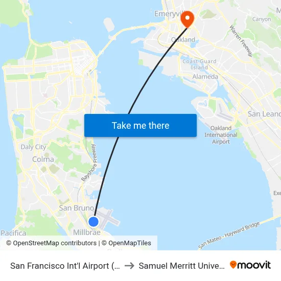 San Francisco Int'l Airport (SFO) to Samuel Merritt University map