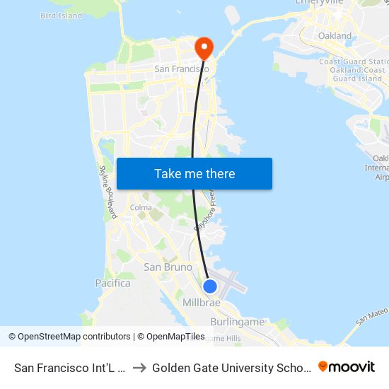 San Francisco Int'L Airport to Golden Gate University School of Law map