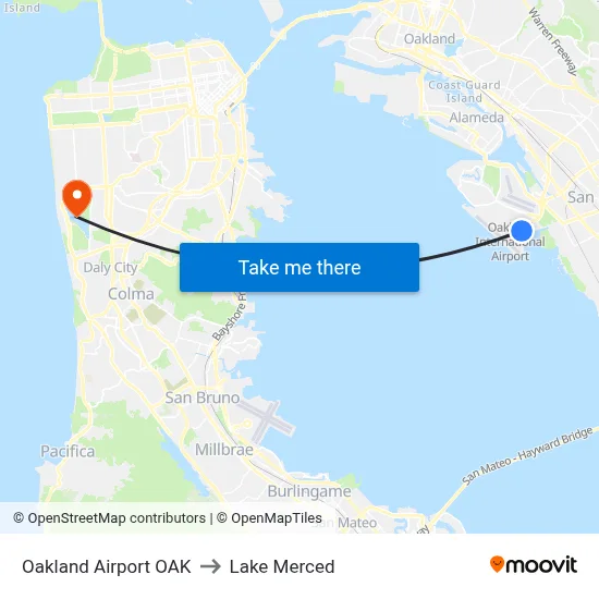 Oakland Airport OAK to Lake Merced map