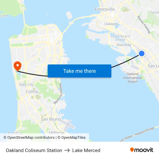 Oakland Coliseum Station to Lake Merced map