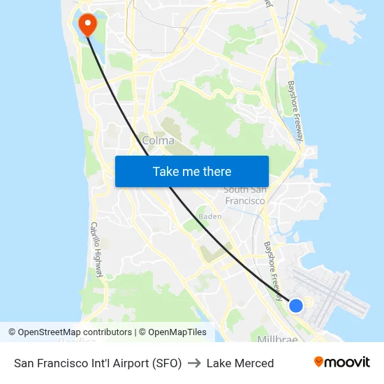 San Francisco Int'l Airport (SFO) to Lake Merced map