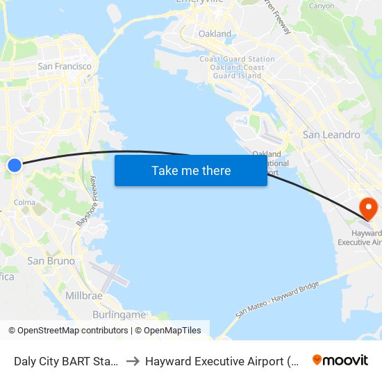 Daly City BART Station to Hayward Executive Airport (HWD) map