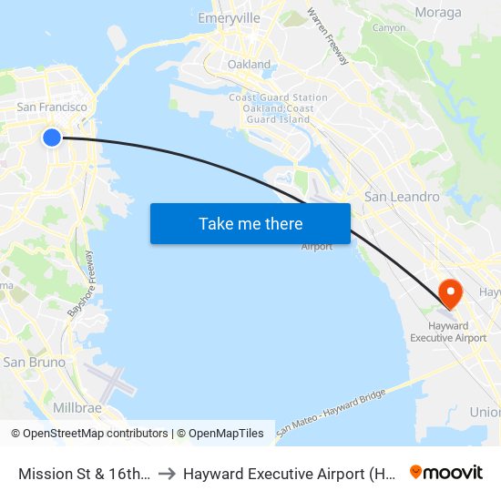 Mission St & 16th St to Hayward Executive Airport (HWD) map