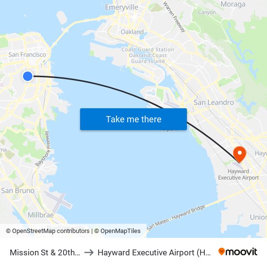 Mission St & 20th St to Hayward Executive Airport (HWD) map