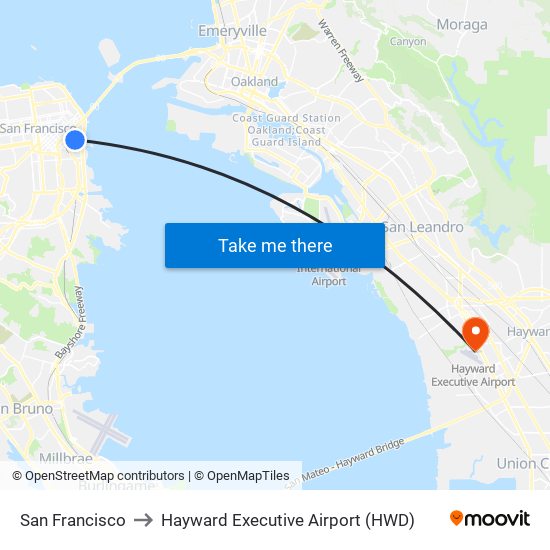 San Francisco to Hayward Executive Airport (HWD) map