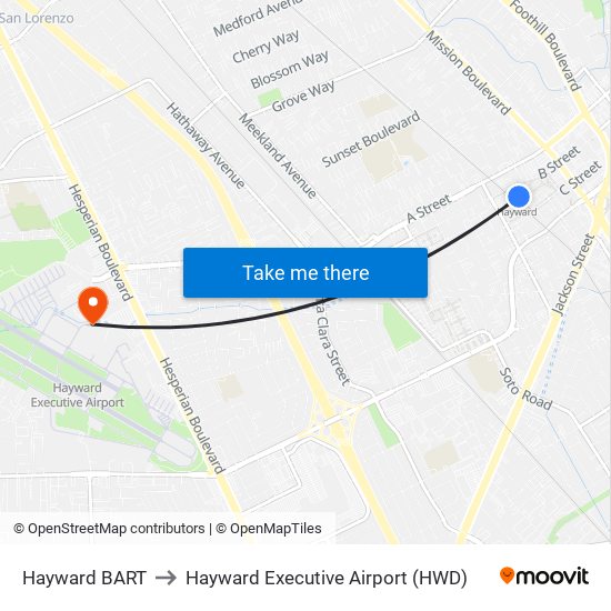 Hayward BART to Hayward Executive Airport (HWD) map