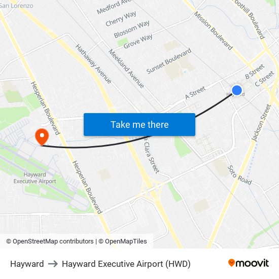 Hayward to Hayward Executive Airport (HWD) map