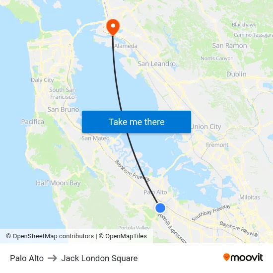 Palo Alto to Jack London Square map