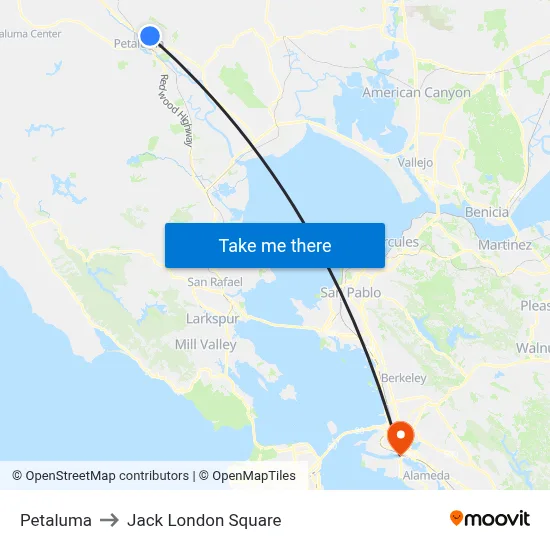 Petaluma to Jack London Square map