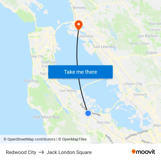 Redwood City to Jack London Square map