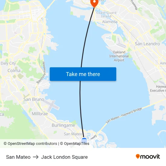 San Mateo to Jack London Square map