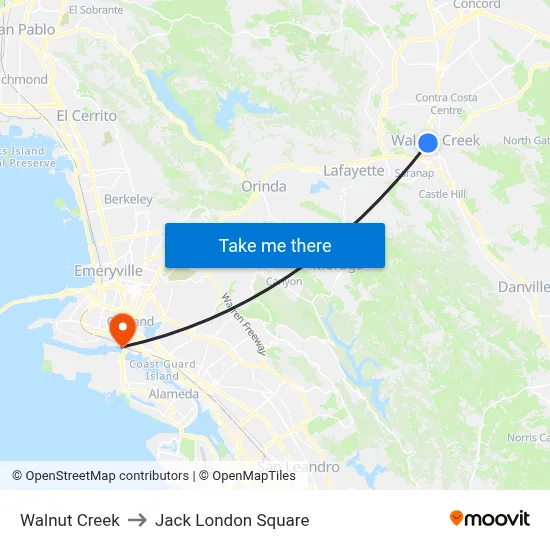 Walnut Creek to Jack London Square map