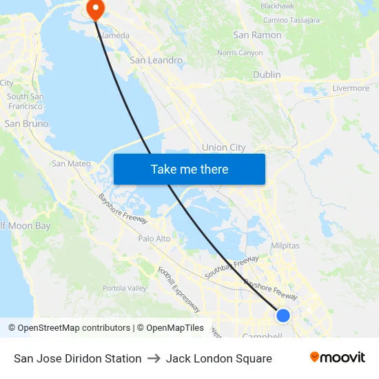 San Jose Diridon Station to Jack London Square map